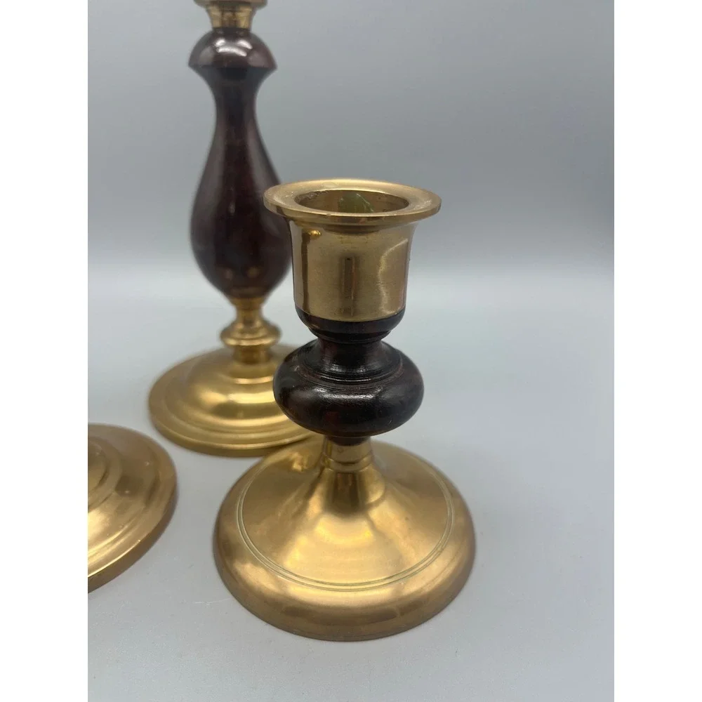 Vtg‎ Brass & Wood set 3 Candlestick holders dark wood Traditional Classic style